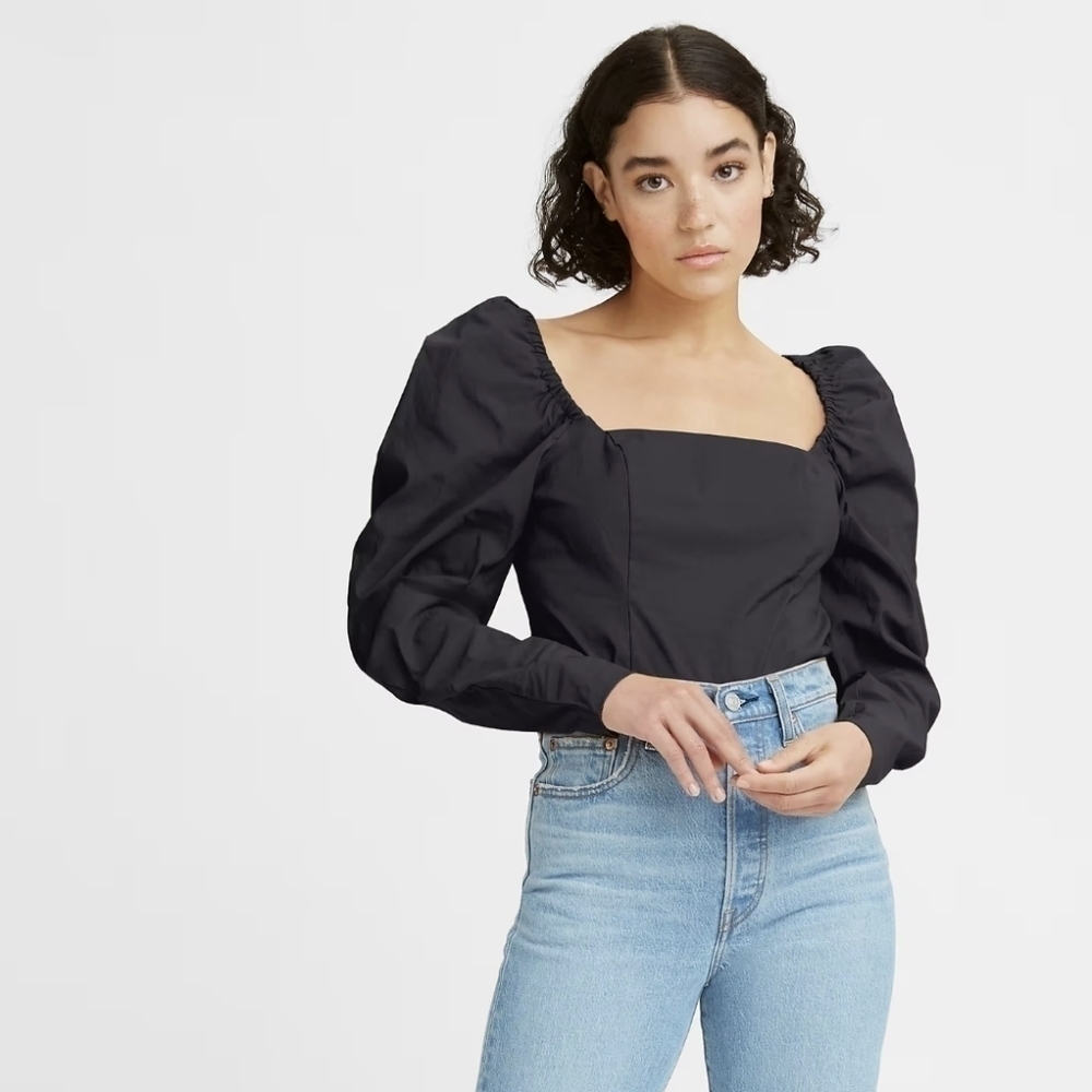 Levi's Junie Long Mutton Sleeve Square Neck Cropped Slim Fit Blouse Black XS - Picture 11 of 11